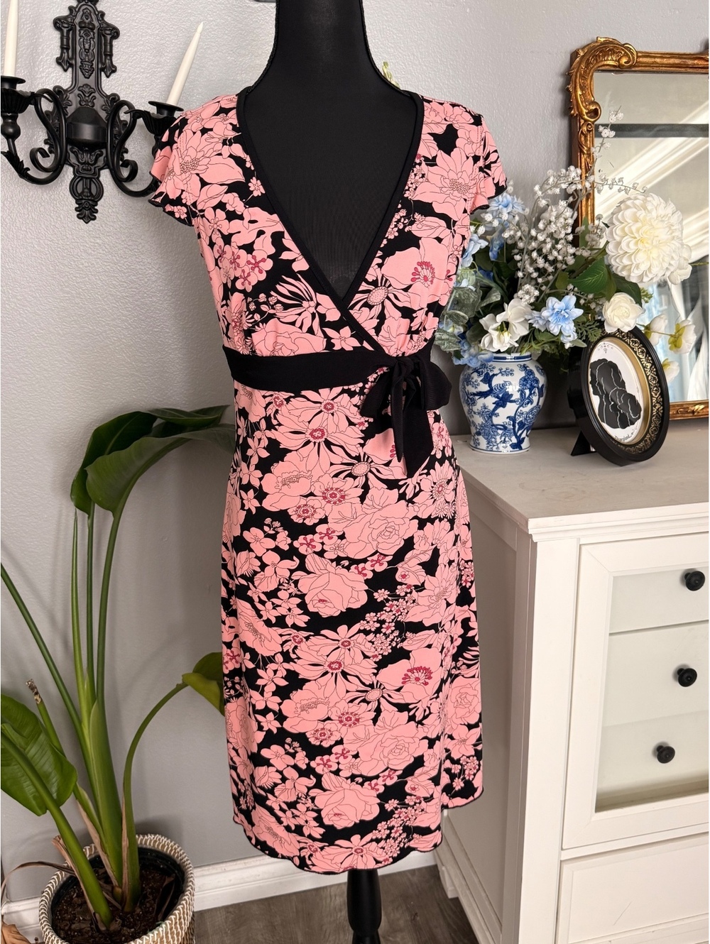 Vintage Y2K pink and black floral wrap dress - y2k, coquette, girly